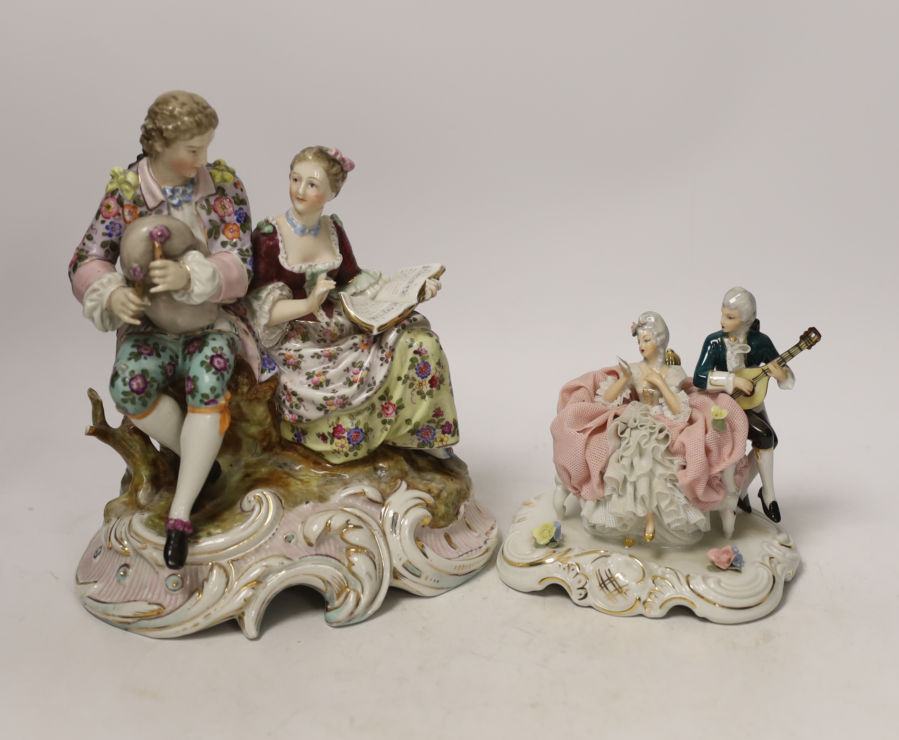 A Continental figure group of a musicians and another similar figure group (Dresden), tallest 20.5cm